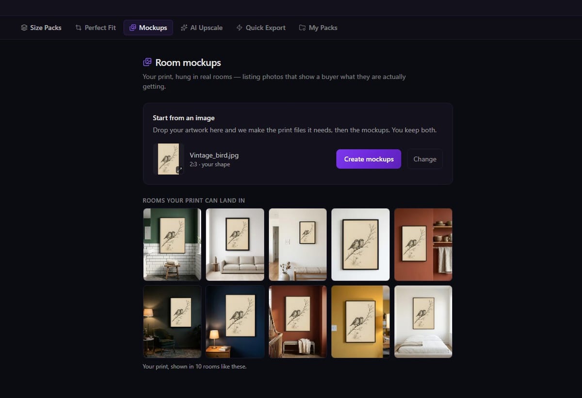 The Room mockups screen showing the same bird print staged in ten different rooms