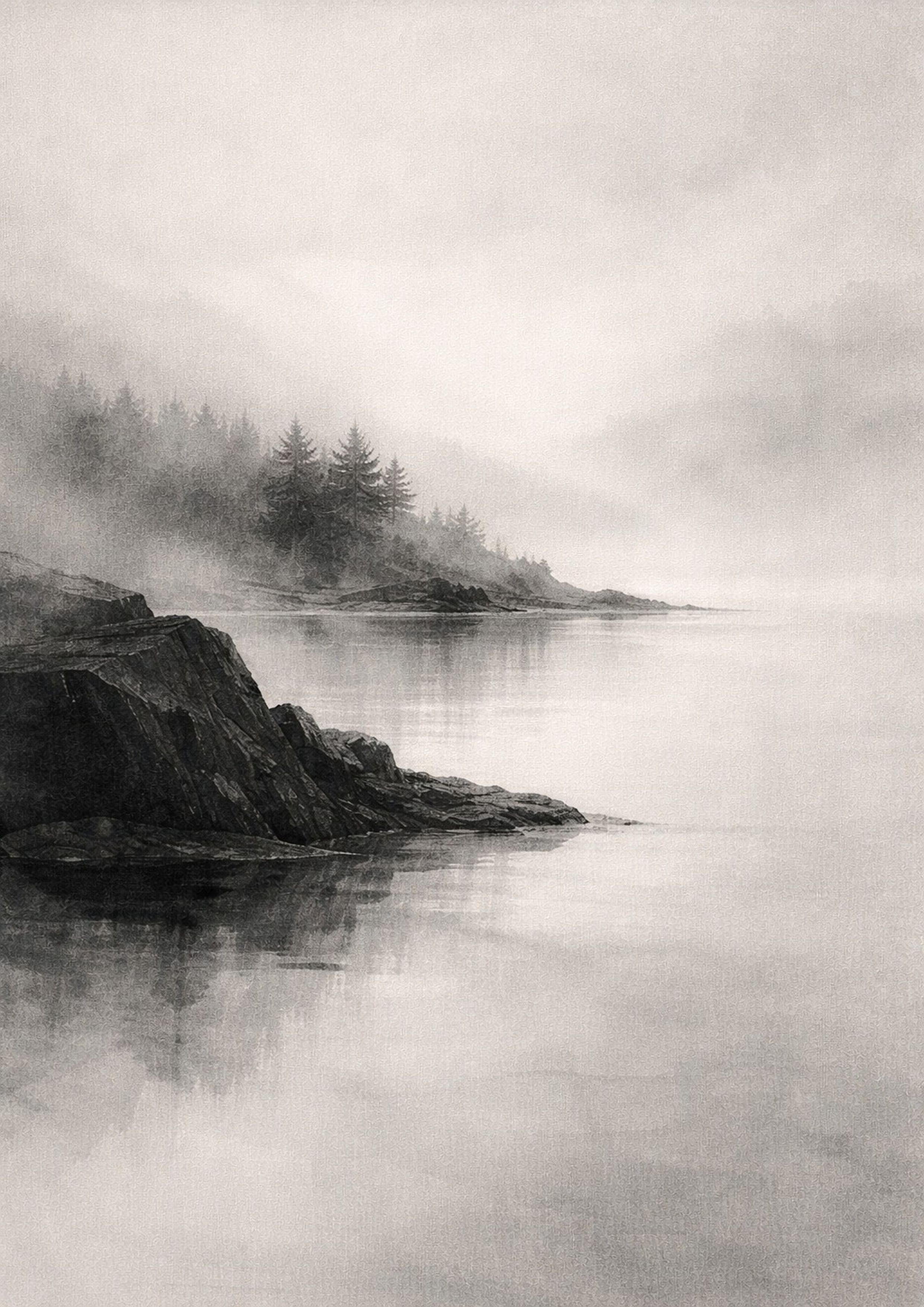 Misty Nordic landscape watercolor art print at A4 ratio