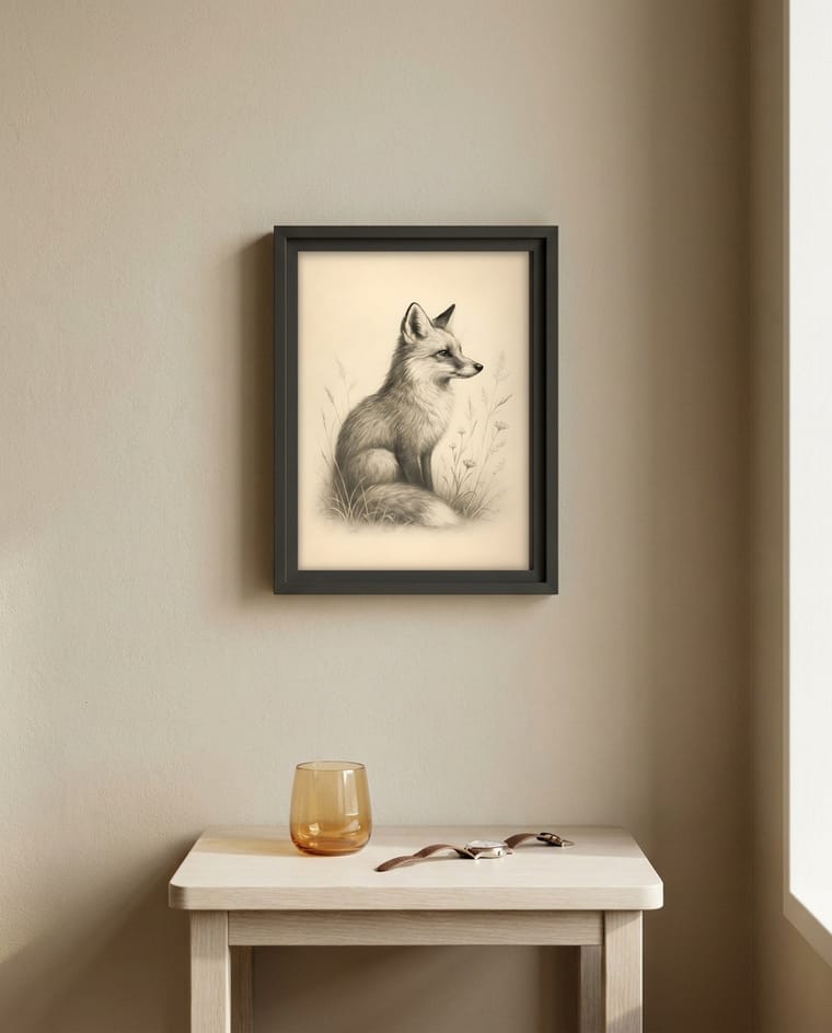 Same fox artwork staged as an Etsy listing mockup in a different room