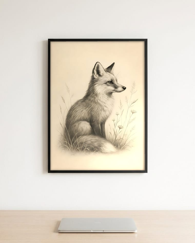 Same fox artwork staged as an Etsy listing mockup in a different room