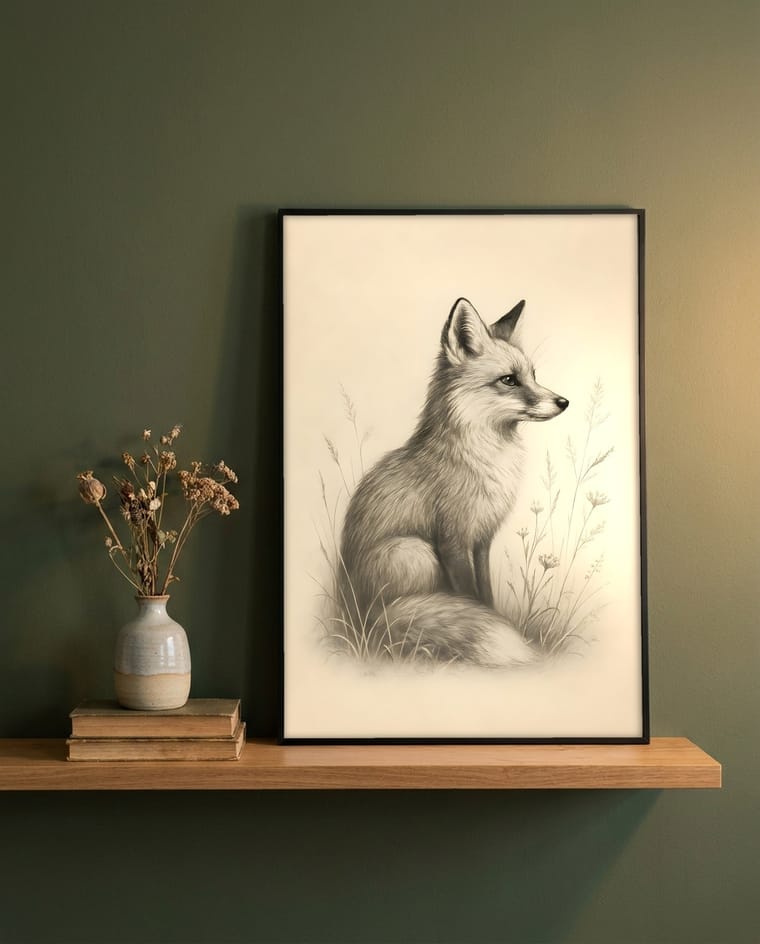 Same fox artwork staged as an Etsy listing mockup in a different room
