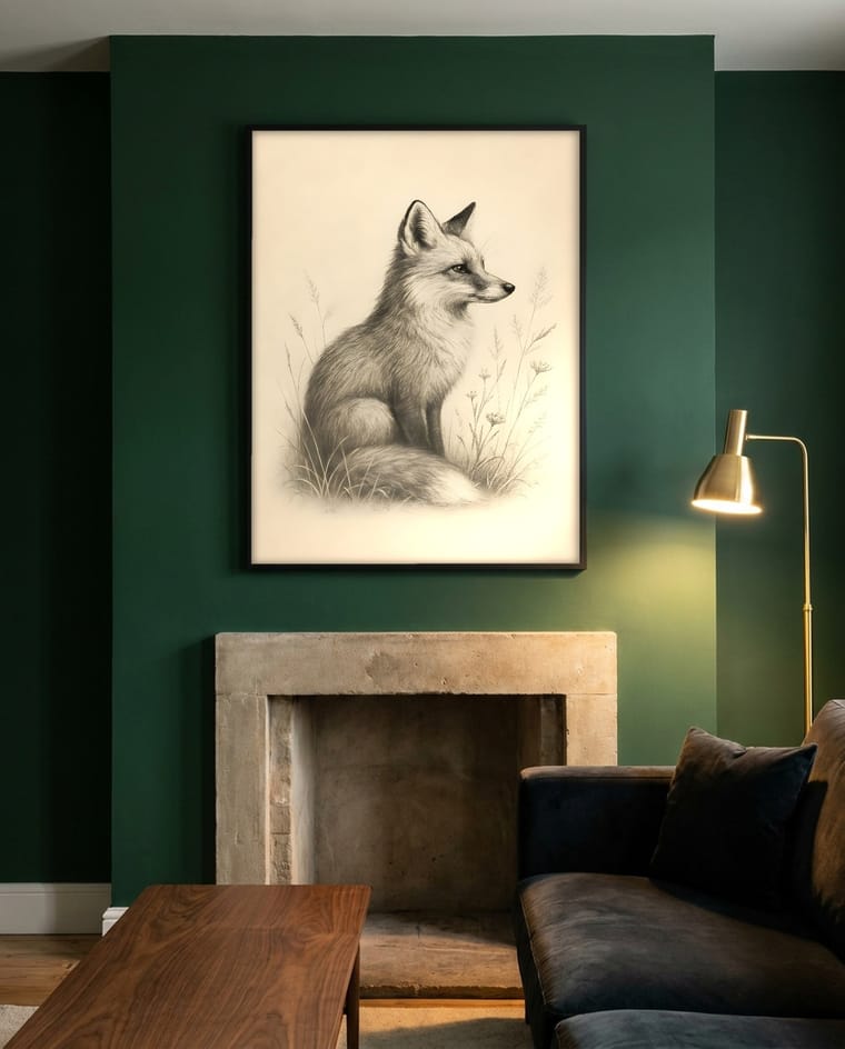 Same fox artwork staged as an Etsy listing mockup in a different room