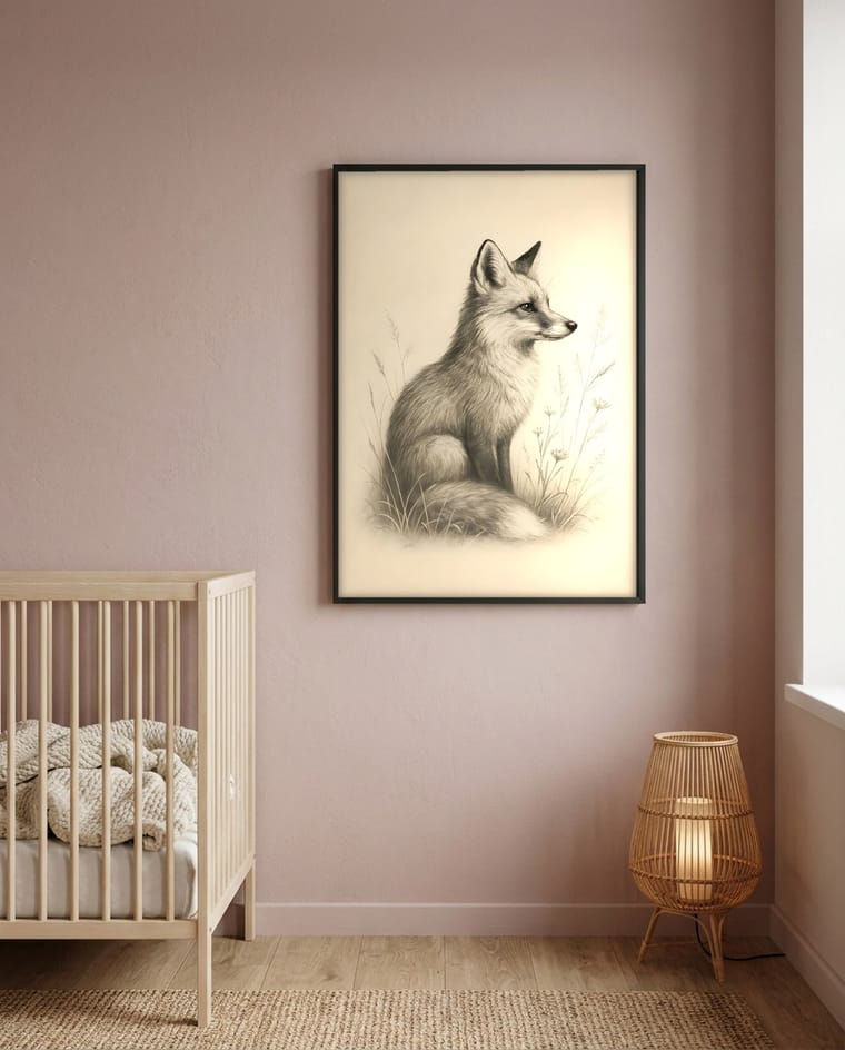 Same fox artwork staged as an Etsy listing mockup in a different room