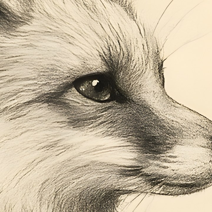 Pencil-sketch artwork detail comparing print DPI — upscaled