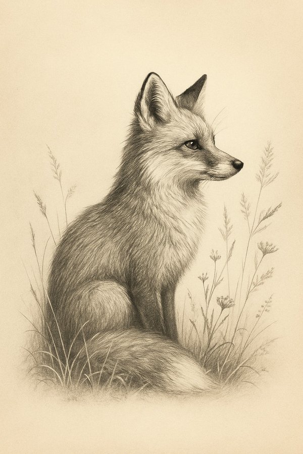 Full pencil-sketch fox artwork — the before/after detail is cut from the highlighted area