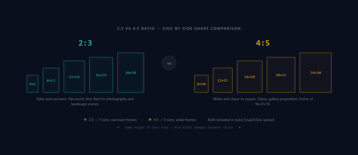 2:3 vs 4:5 ratio side-by-side shape comparison — 2:3 is taller and narrower, 4:5 is wider and closer to square