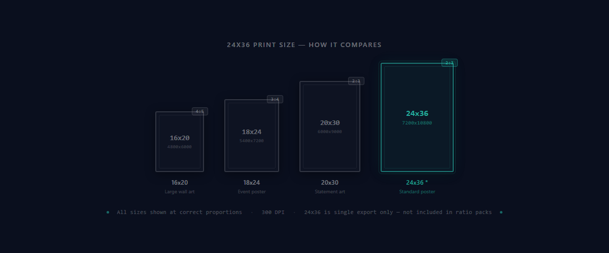 24×36 poster size comparison with 16×20, 18×24, and 20×30