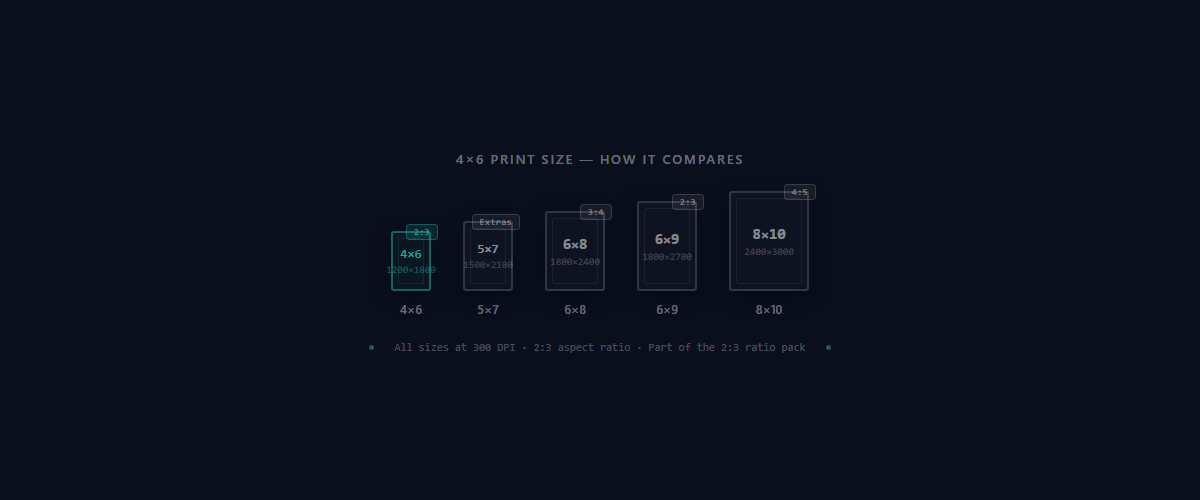 4×6 print size comparison showing how it compares to 5×7, 6×8, 6×9, and 8×10
