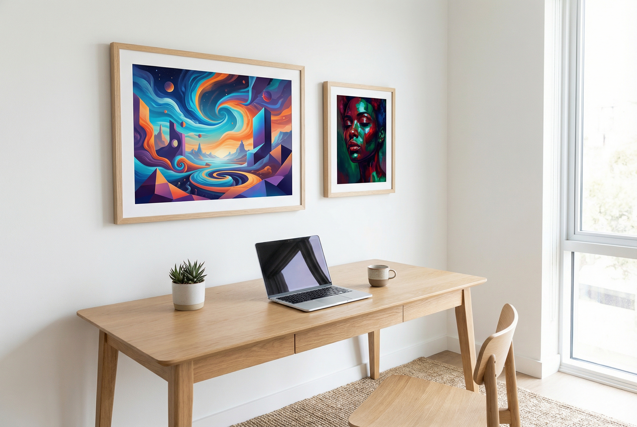 Home office with two framed AI-generated art prints on the wall — a large vivid surreal landscape and a smaller abstract portrait in jewel tones, in natural oak frames above a clean wooden desk