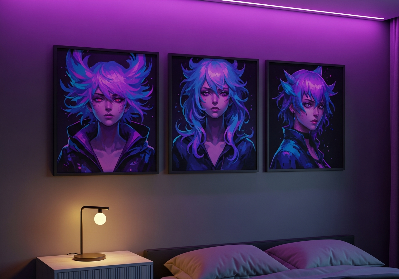 Anime art prints in matching dark frames on a teenager's bedroom wall with decorative lighting
