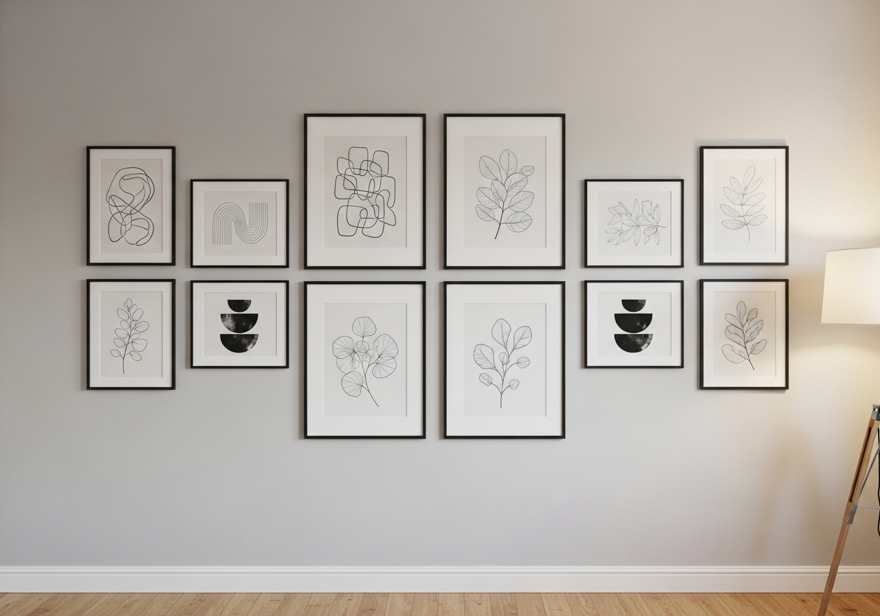 Gallery wall with black and white fine art prints in matching black frames and matte white mounts — mixed sizes including 8x10 and 11x14