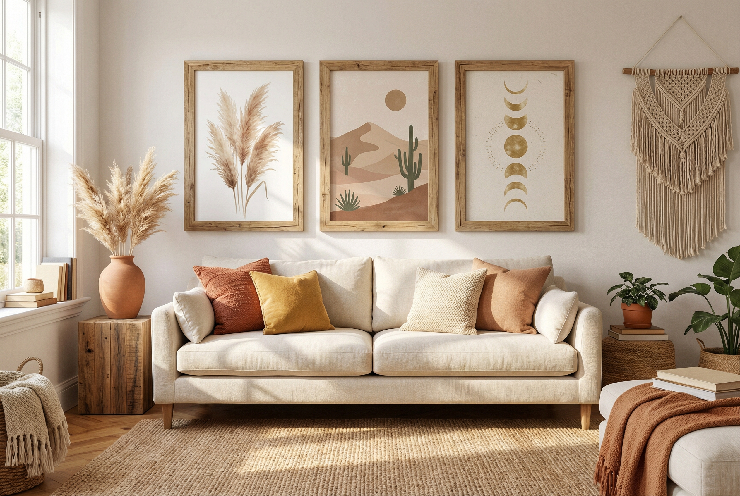 Bohemian living room with earth-tone abstract art, pampas grass prints, and celestial moon phase designs in natural wood frames