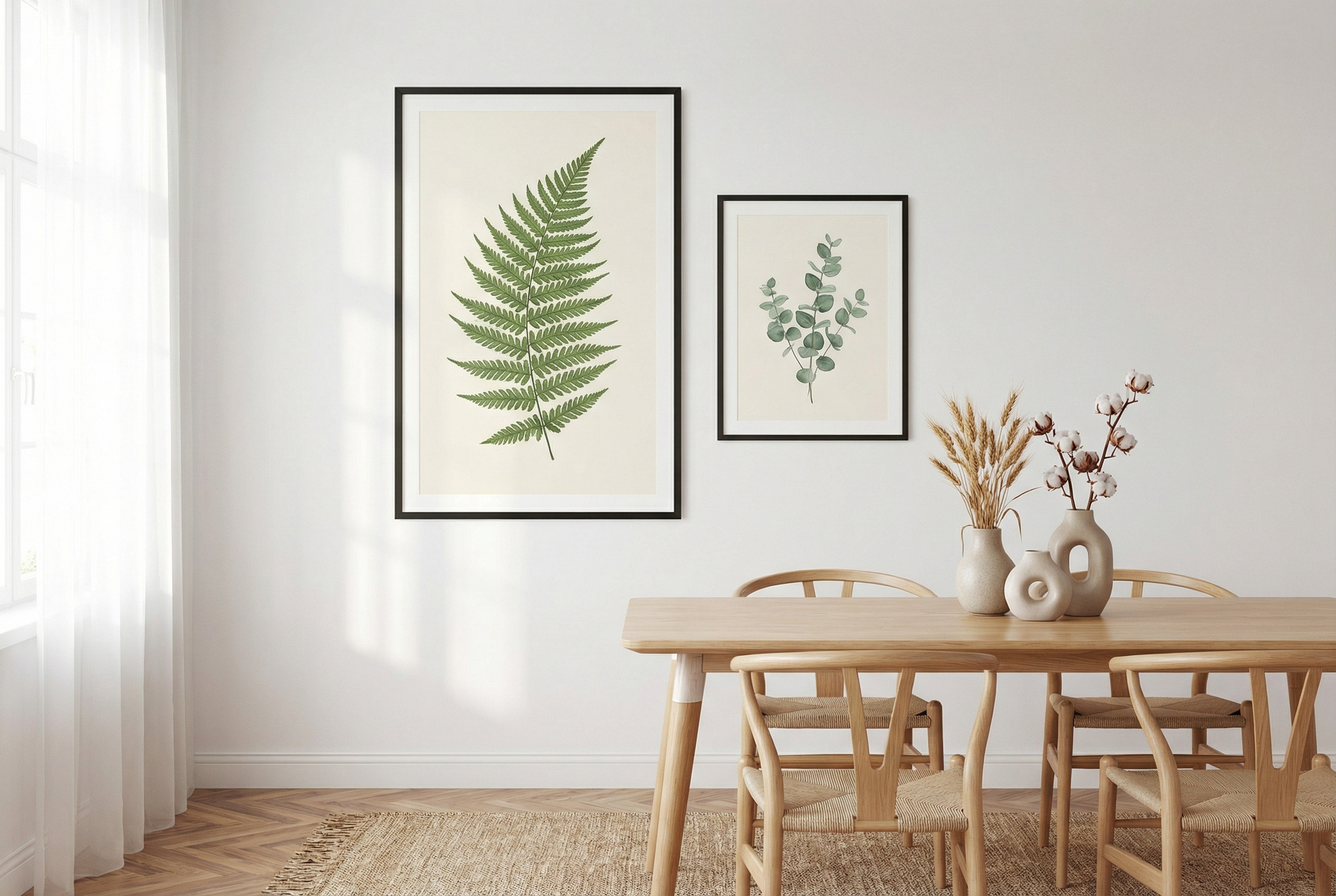 Dining room with two framed botanical prints — a large fern and smaller eucalyptus — in black frames above an oak table
