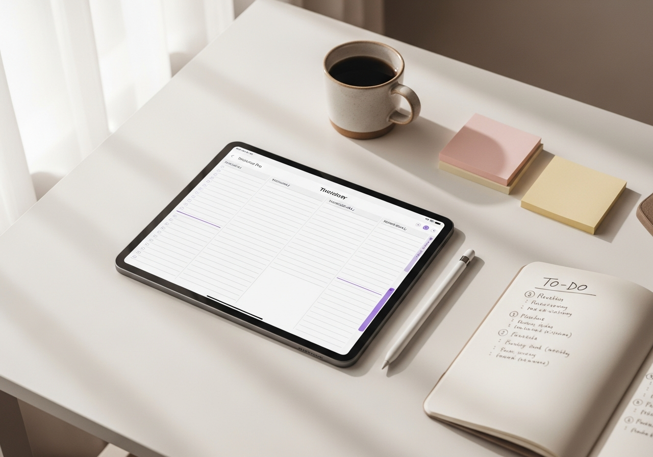 Modern desk setup with iPad Pro open in GoodNotes showing a digital weekly planner layout, Apple Pencil alongside, soft window light