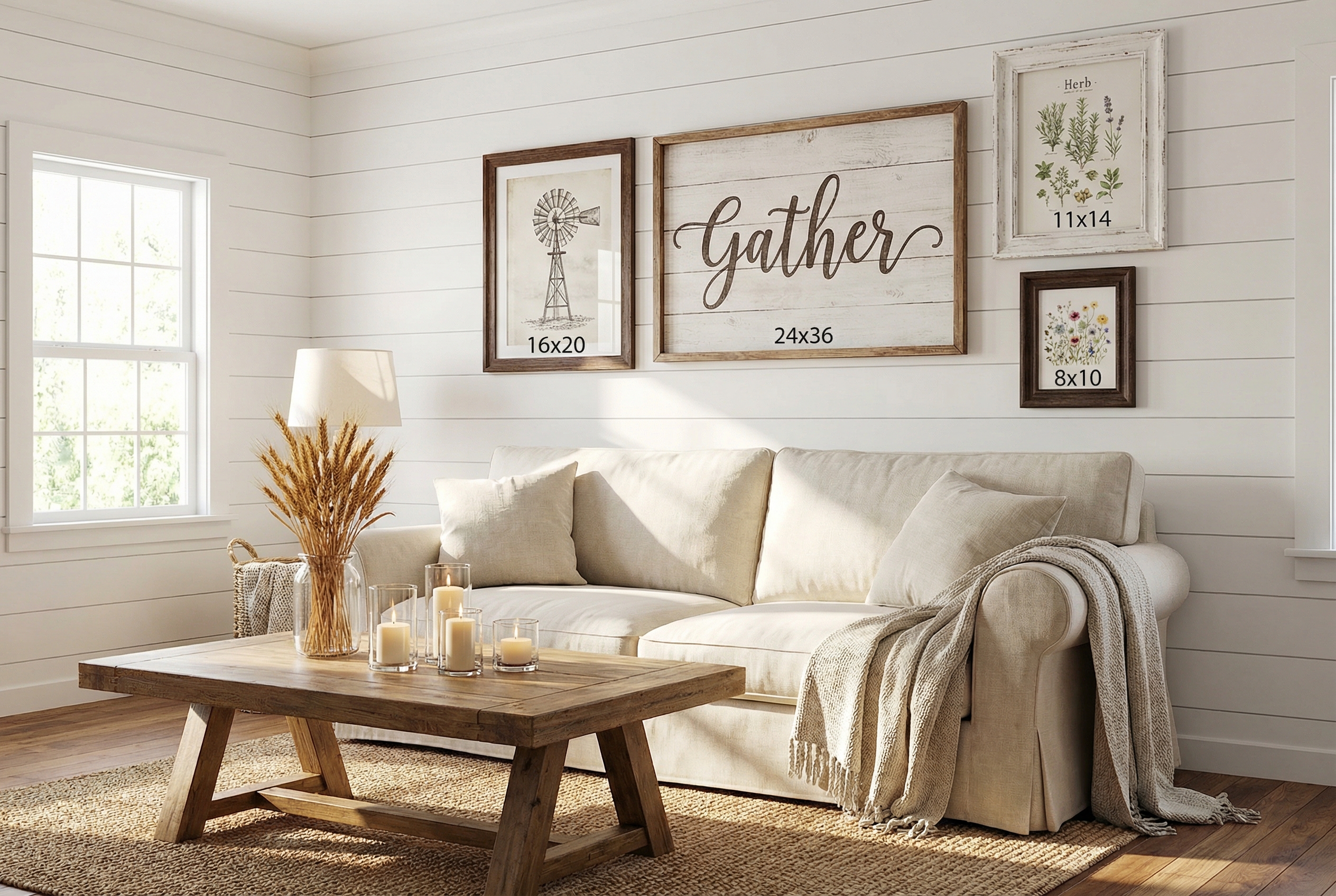 Cozy farmhouse living room with shiplap wall displaying framed art — rustic 'Gather' typography sign, vintage windmill sketch, botanical herb illustration, and cottagecore wildflowers in sizes from 8x10 to 24x36