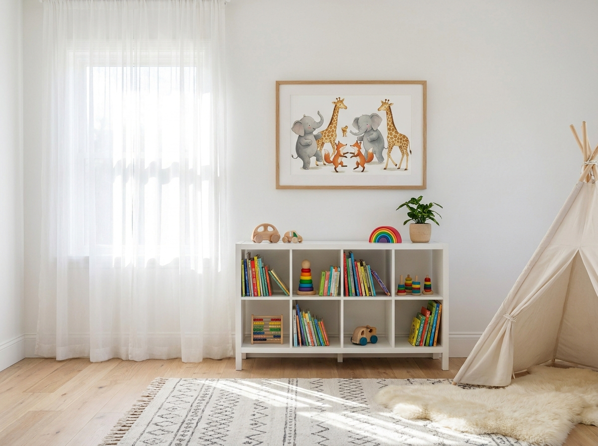 Scandinavian children's bedroom with a framed nursery art print on a white wall
