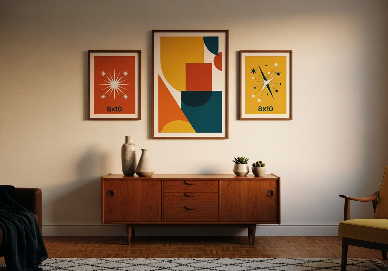 Stylish mid-century modern living room with a large 18x24 geometric abstract print in ochre and teal flanked by two smaller atomic-age prints in slim walnut frames above a teak credenza