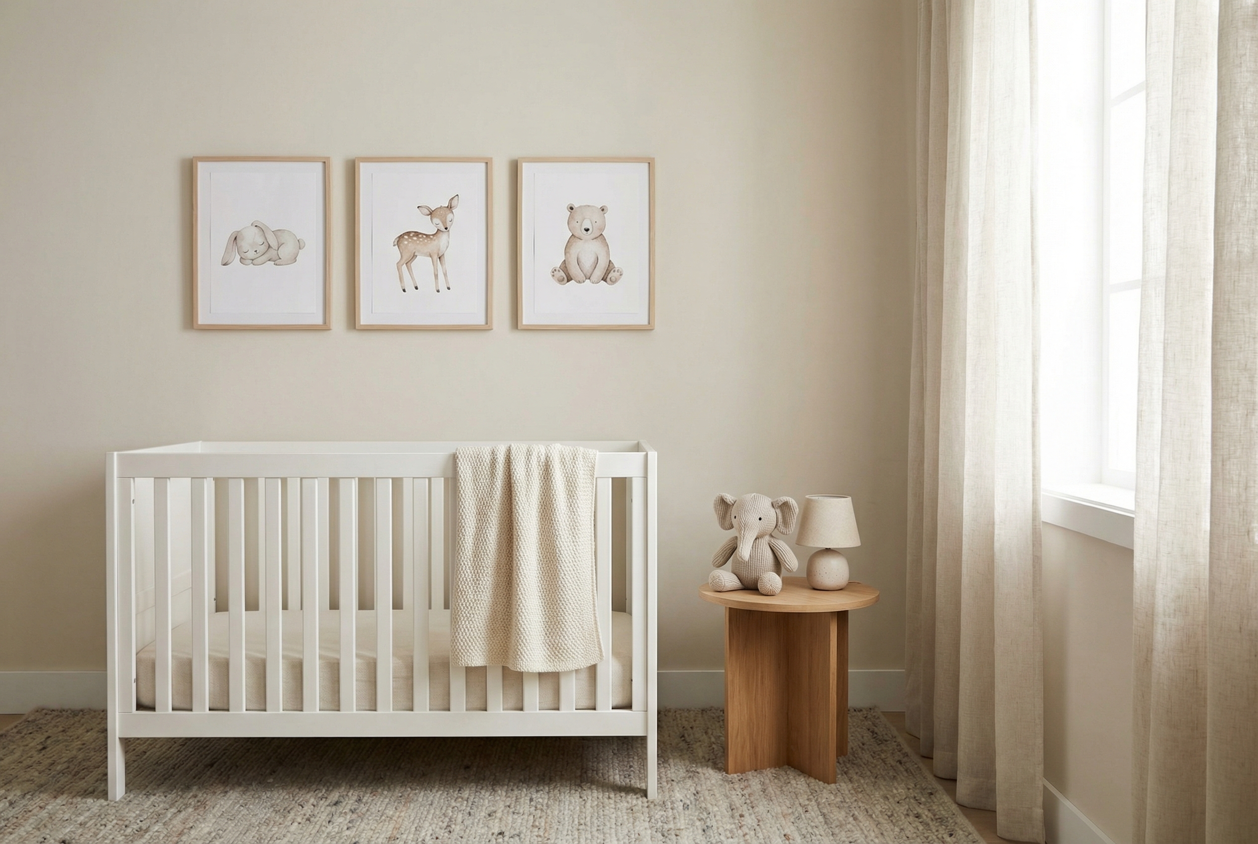 Nursery room with three framed animal illustration prints above a white crib — bunny, deer, and bear in wood frames