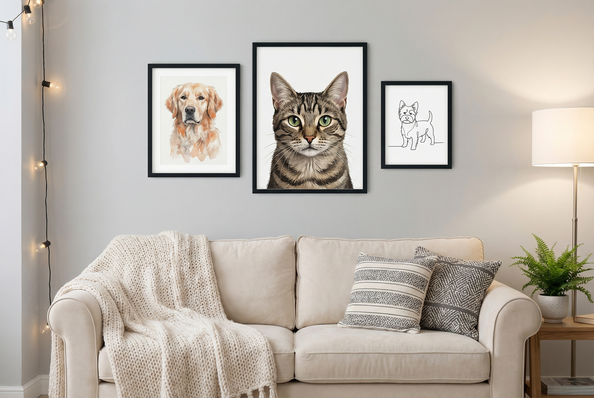 Cozy living room with three framed pet portraits above a cream sofa — watercolor golden retriever, detailed tabby cat illustration, and minimalist line art of a small dog
