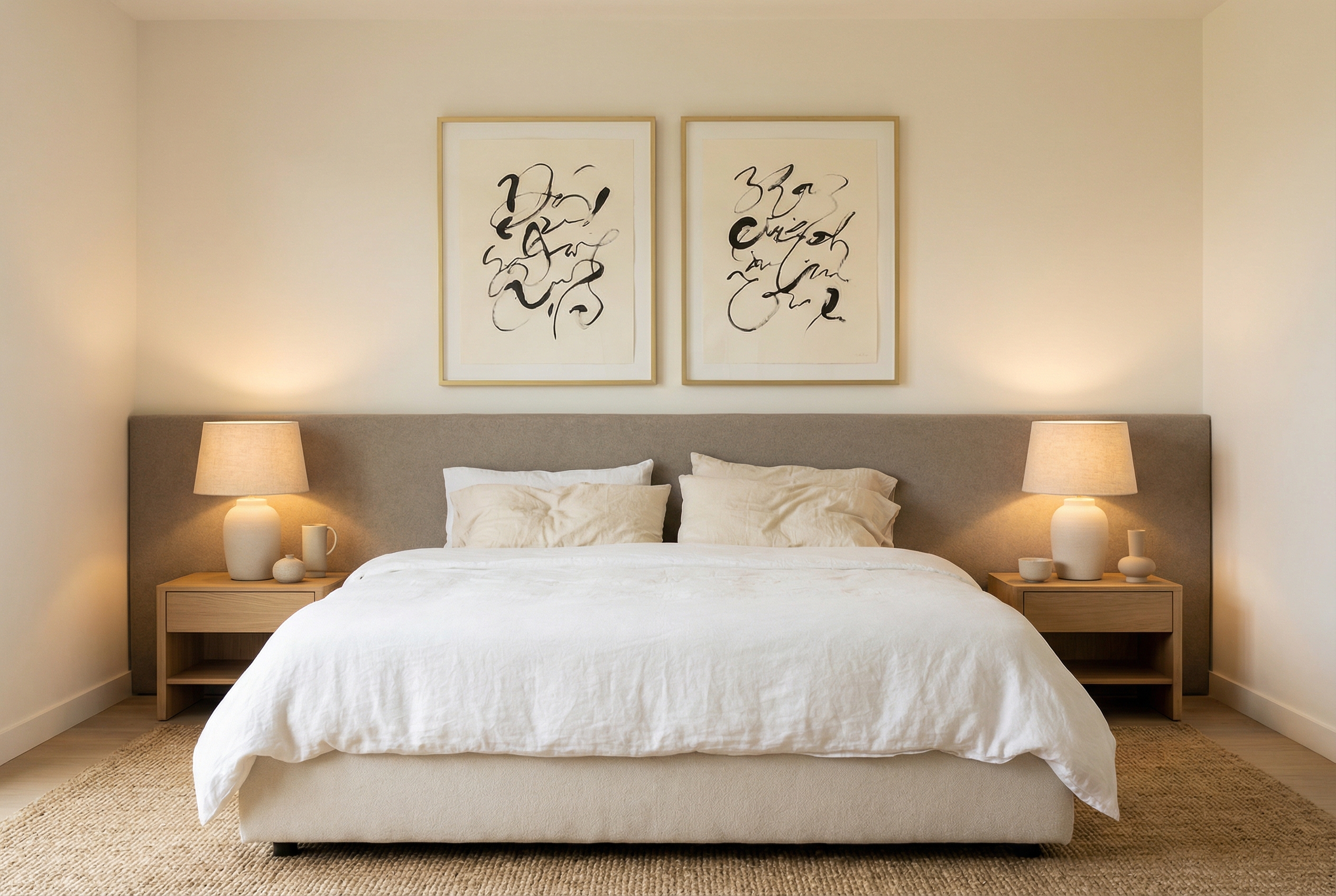 Bedroom with two framed abstract calligraphy art prints in gold frames above the headboard — warm ambient lighting