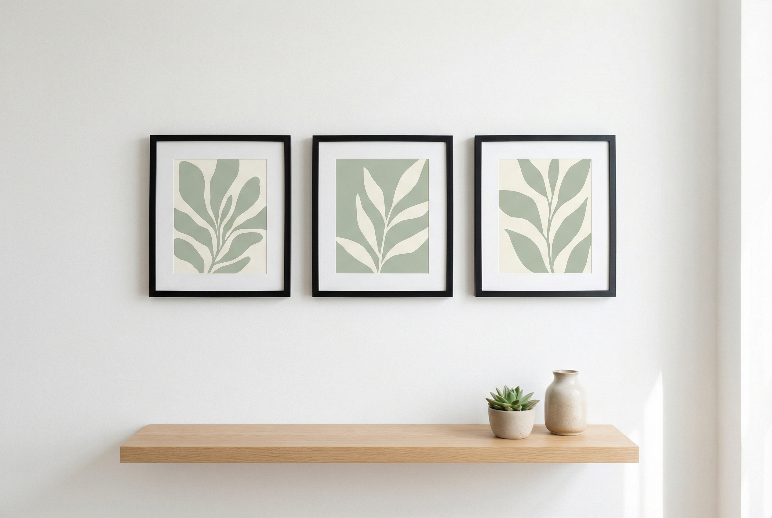 Three matching square botanical prints in black frames arranged in a row on a white wall — a popular gallery wall format for Etsy sellers offering 12×12 square sizes