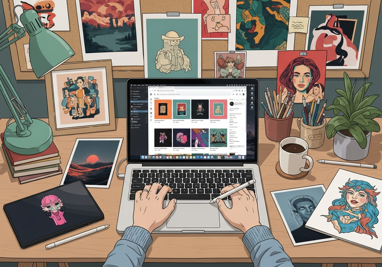 Digital art displayed on multiple devices representing different selling platforms