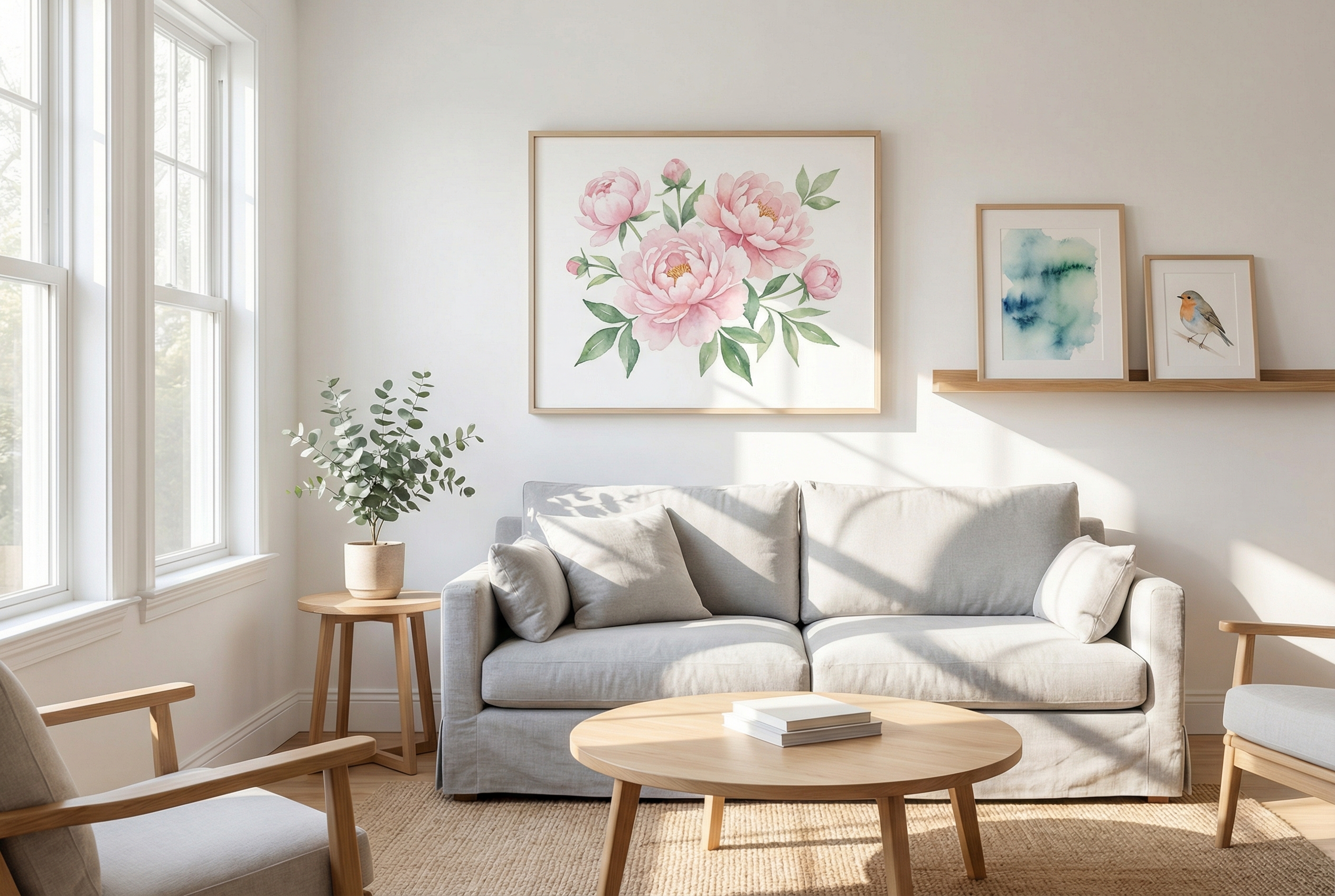Watercolor floral and landscape prints in natural wood frames displayed in a bright living room