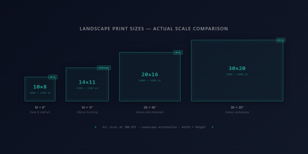 Landscape print size comparison showing 10×8, 14×11, 20×16, and 30×20 at actual scale with pixel dimensions at 300 DPI
