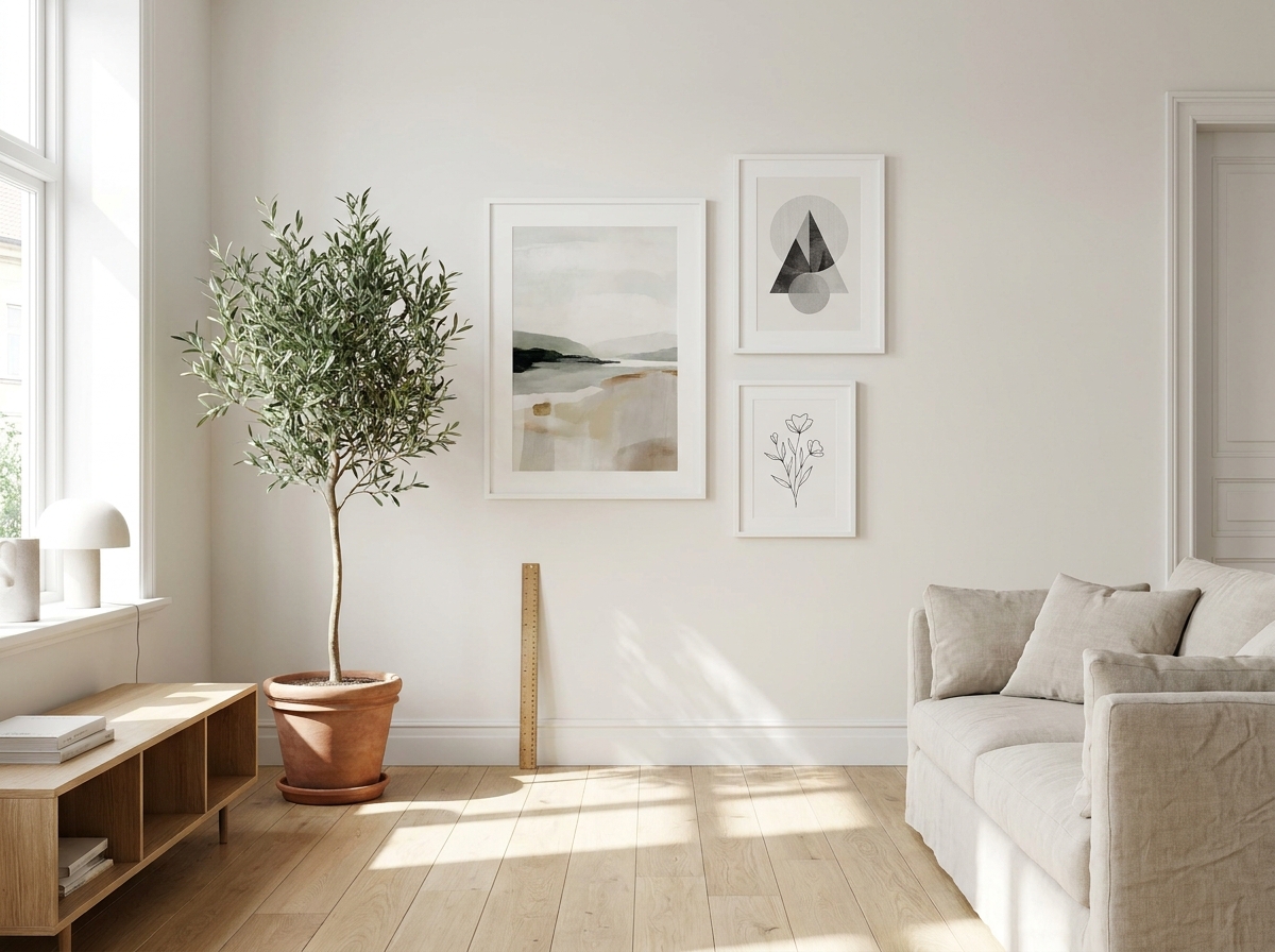 Art prints in white frames on a light wall, showing different print sizes at 300 DPI